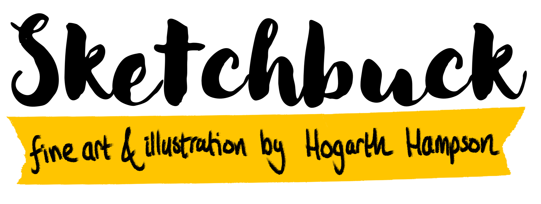 Sketchbuck text logo with yellow tape reading: fine art & illustration by Hogarth Hampson
